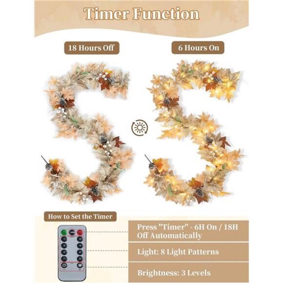 Fall Leaves Garland for Mantle: 6ft Fall Garland with 40 LED Lights - 8 modes - Picture 4 of 7